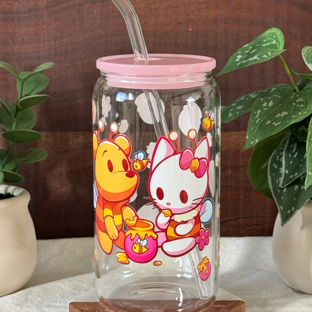 Cute Cartoon Glass Tumbler with Straw - Winnie the Pooh and Hello Kitty
